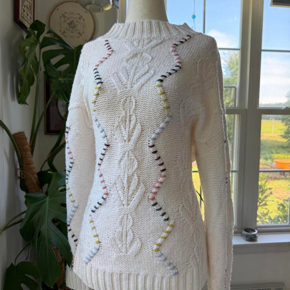Vintage Cream Colorful stitch Cable Knit Sweater Medium